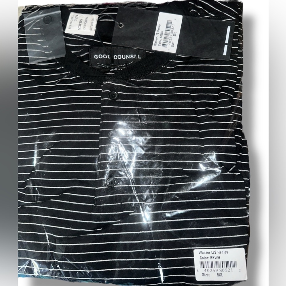 Good Counsel Black White Striped Men's Henley Long sleeve Shirt 3X or 5X NWT - Picture 5 of 6